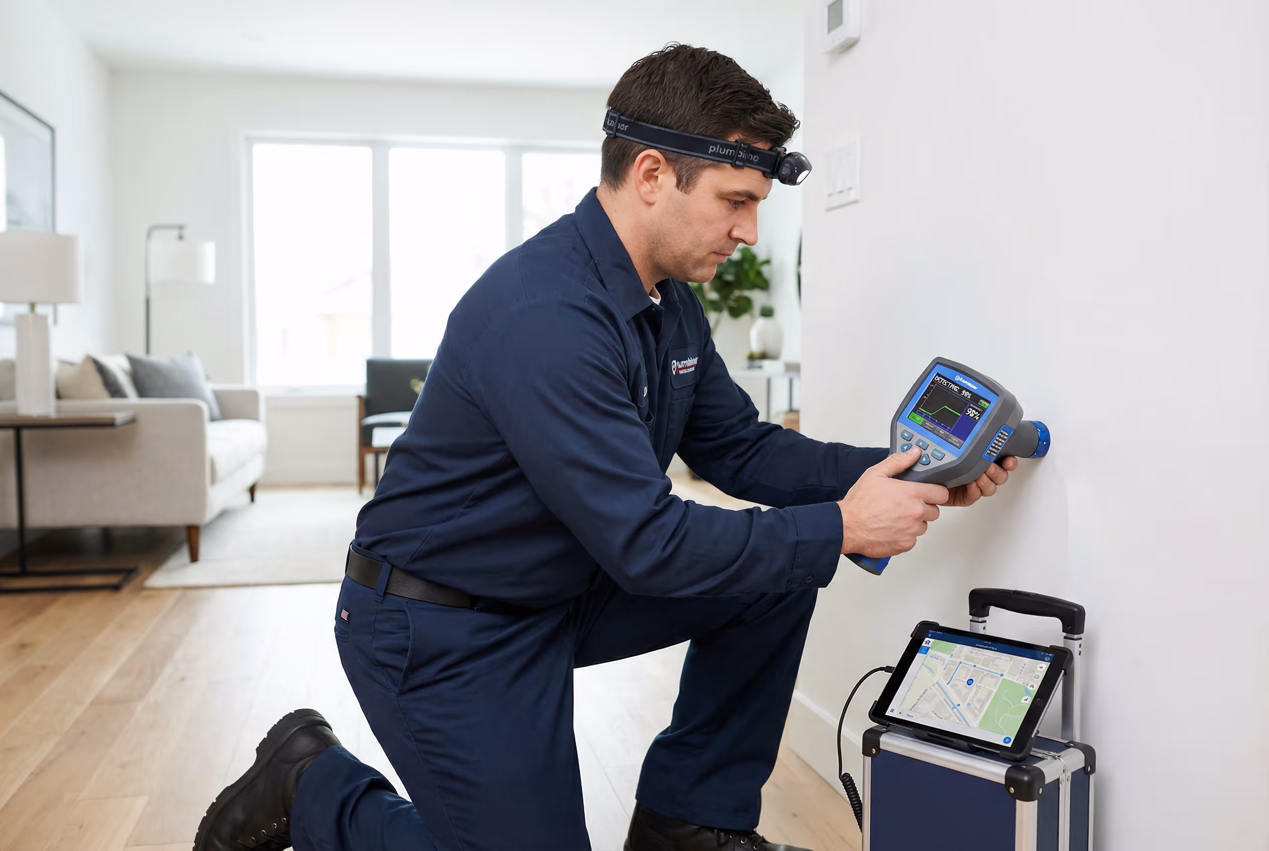 Técnico usando equipamento de detecção não invasiva de vazamento