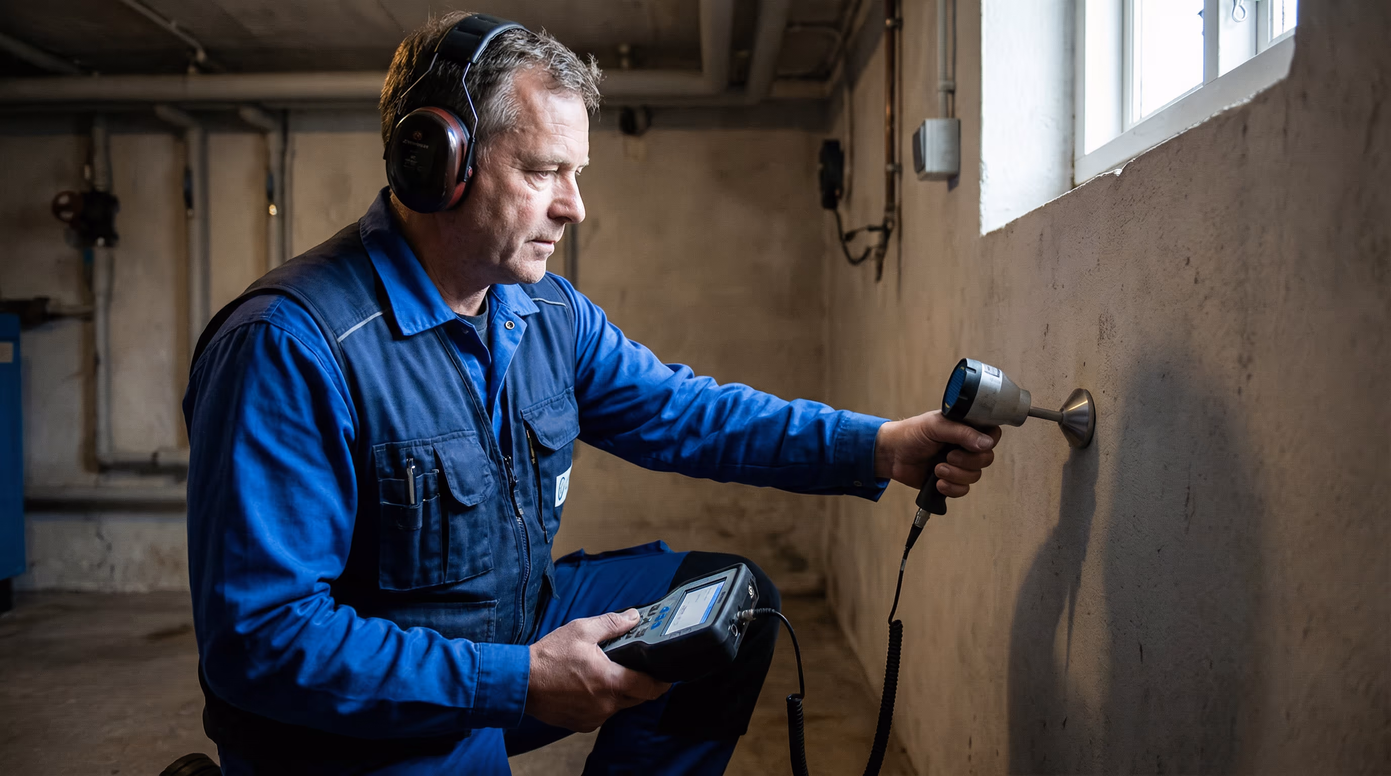 Técnico usando geofone para detectar vazamento na parede