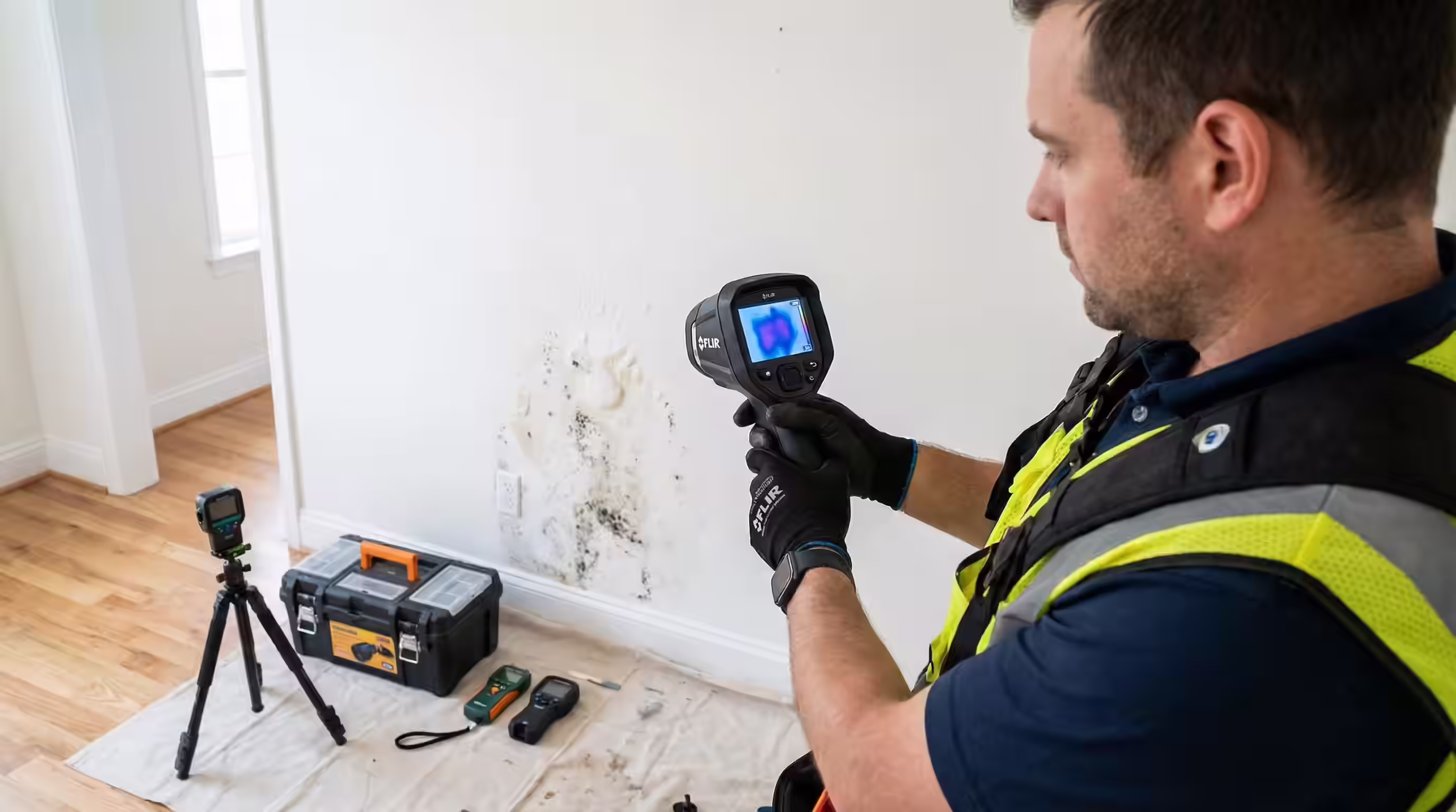 Técnico usando câmera termográfica para detectar infiltração e umidade em parede