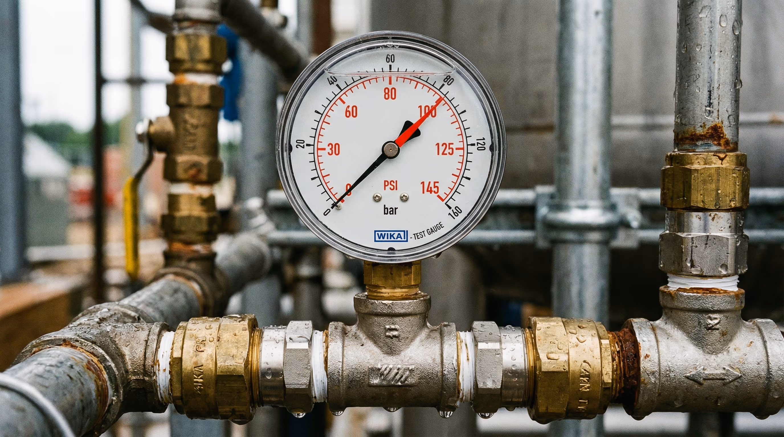 Manômetro mostrando leitura durante teste de pressurização