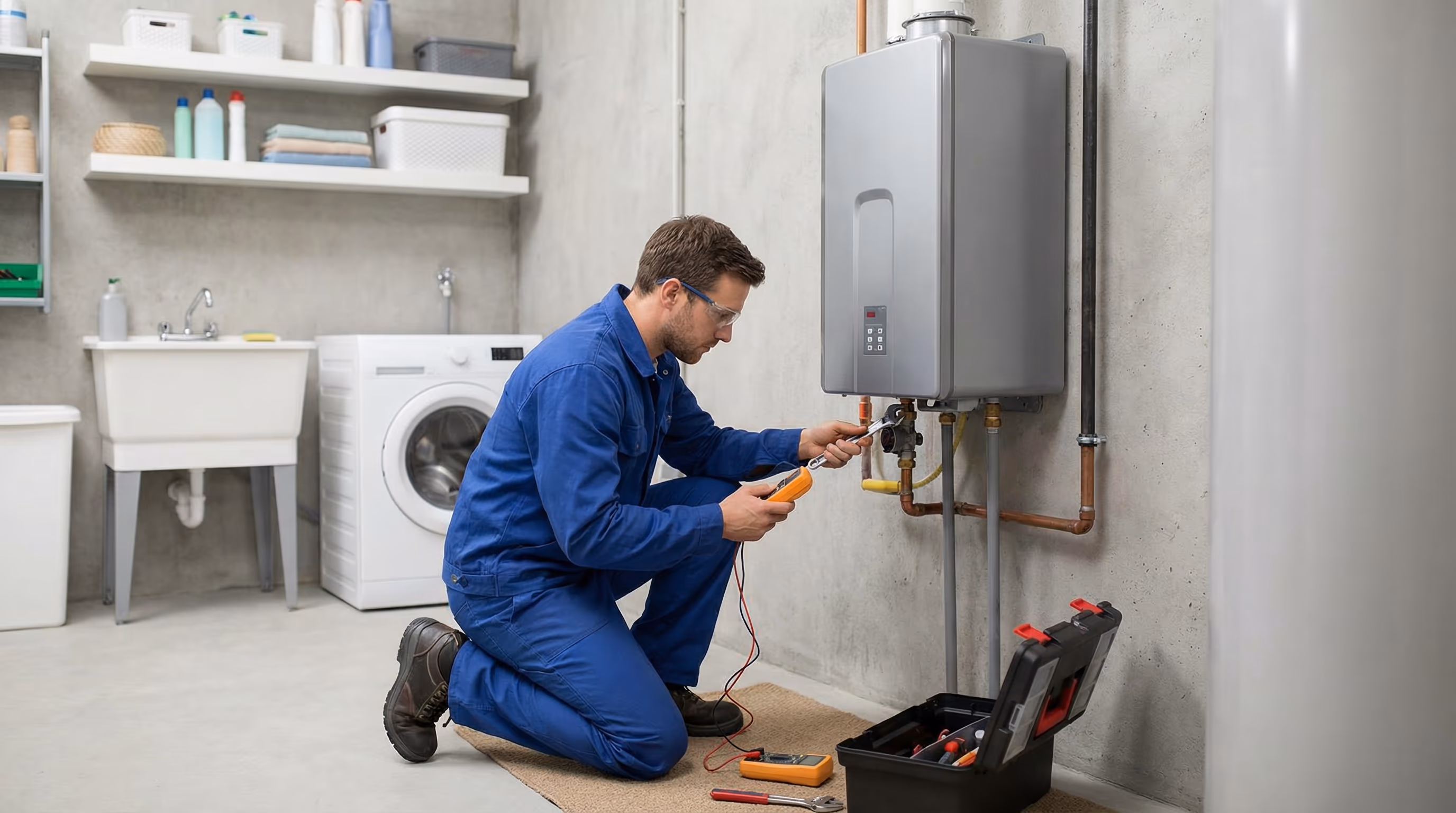 Técnico fazendo manutenção em aquecedor de água