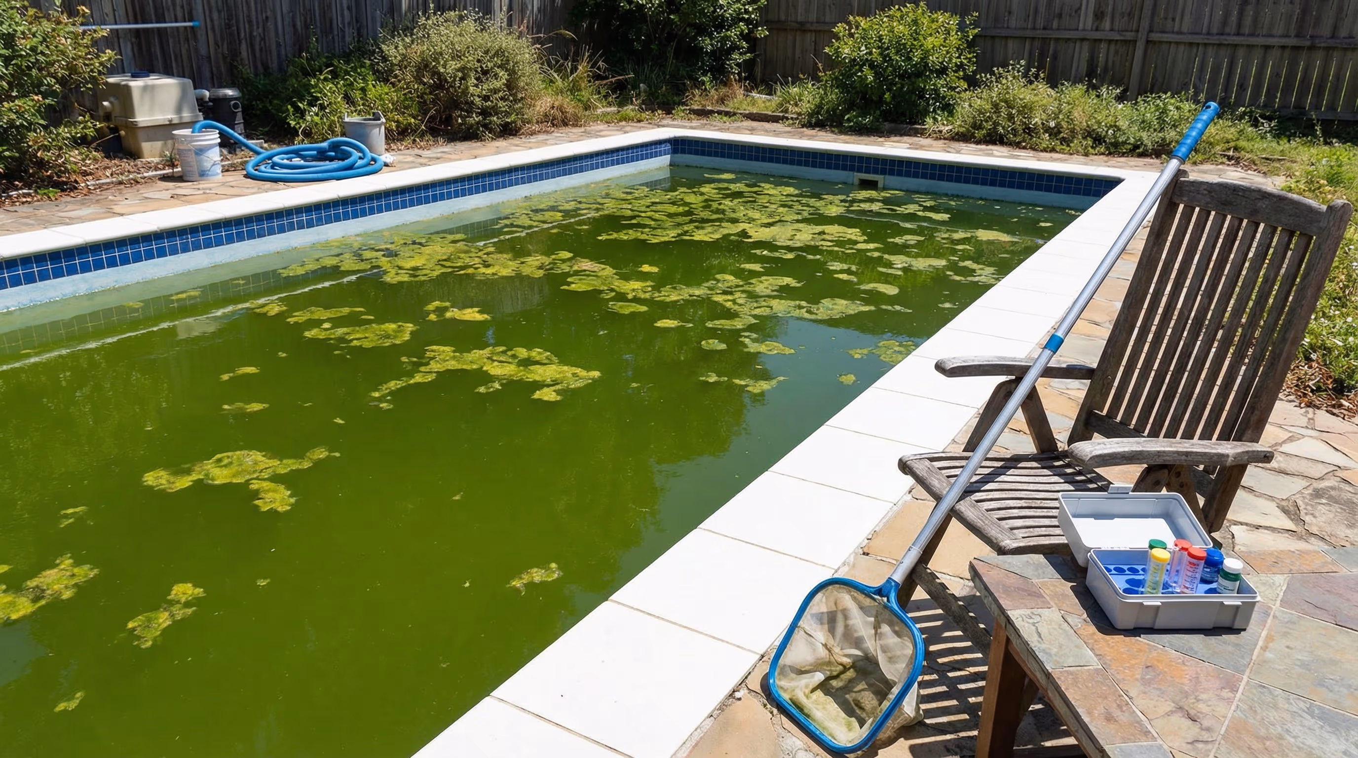 Piscina residencial com água verde devido a proliferação de algas