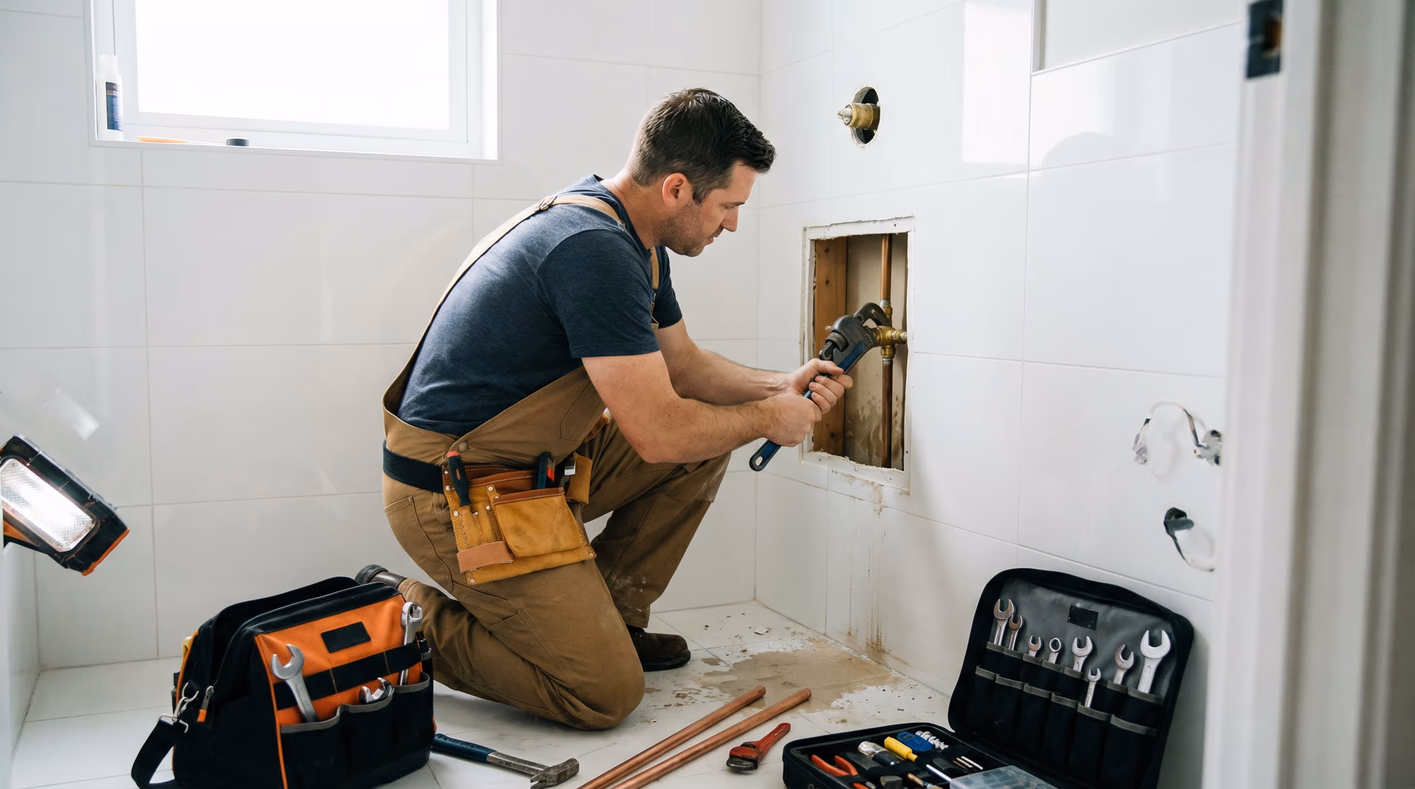 Profissional reparando vazamento no chuveiro