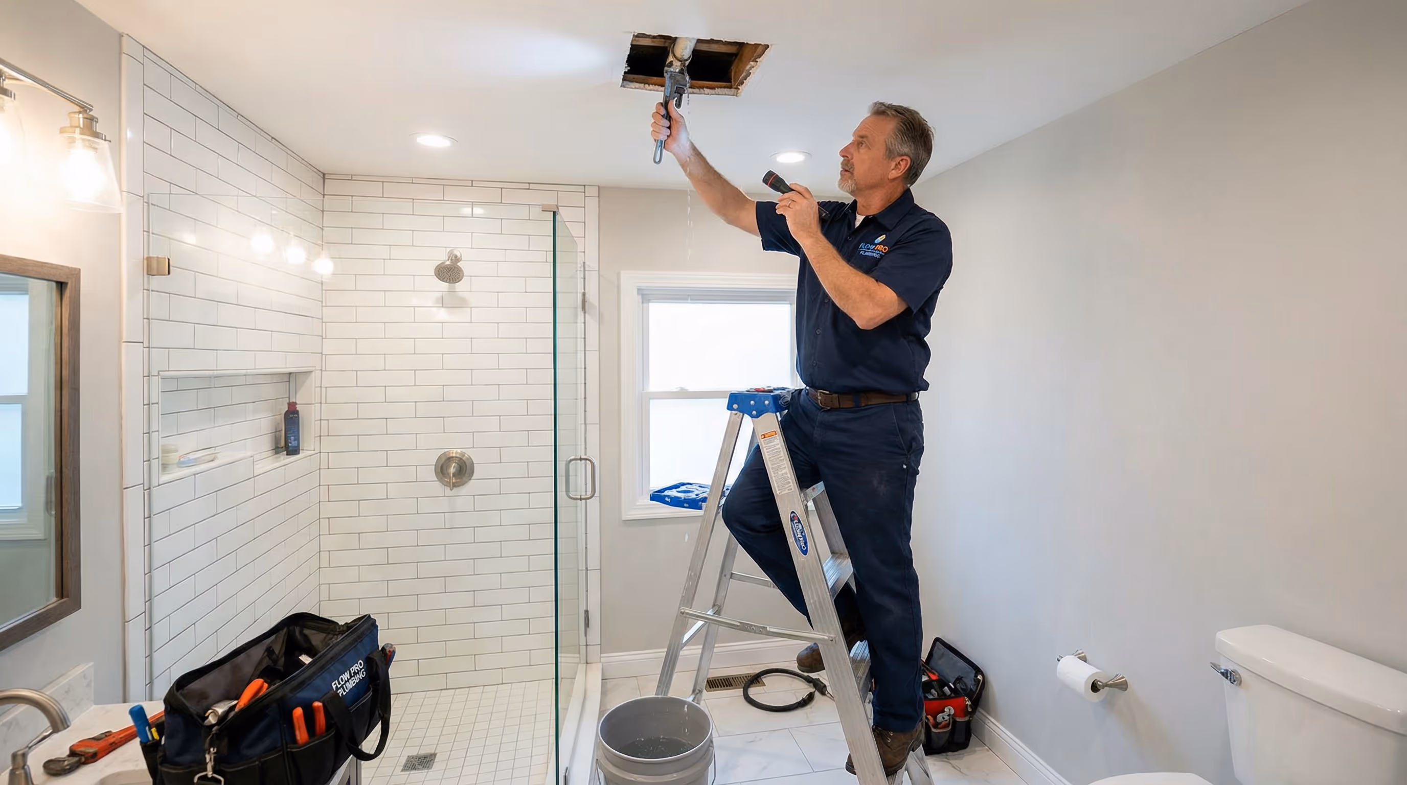 Técnico reparando vazamento no teto do banheiro