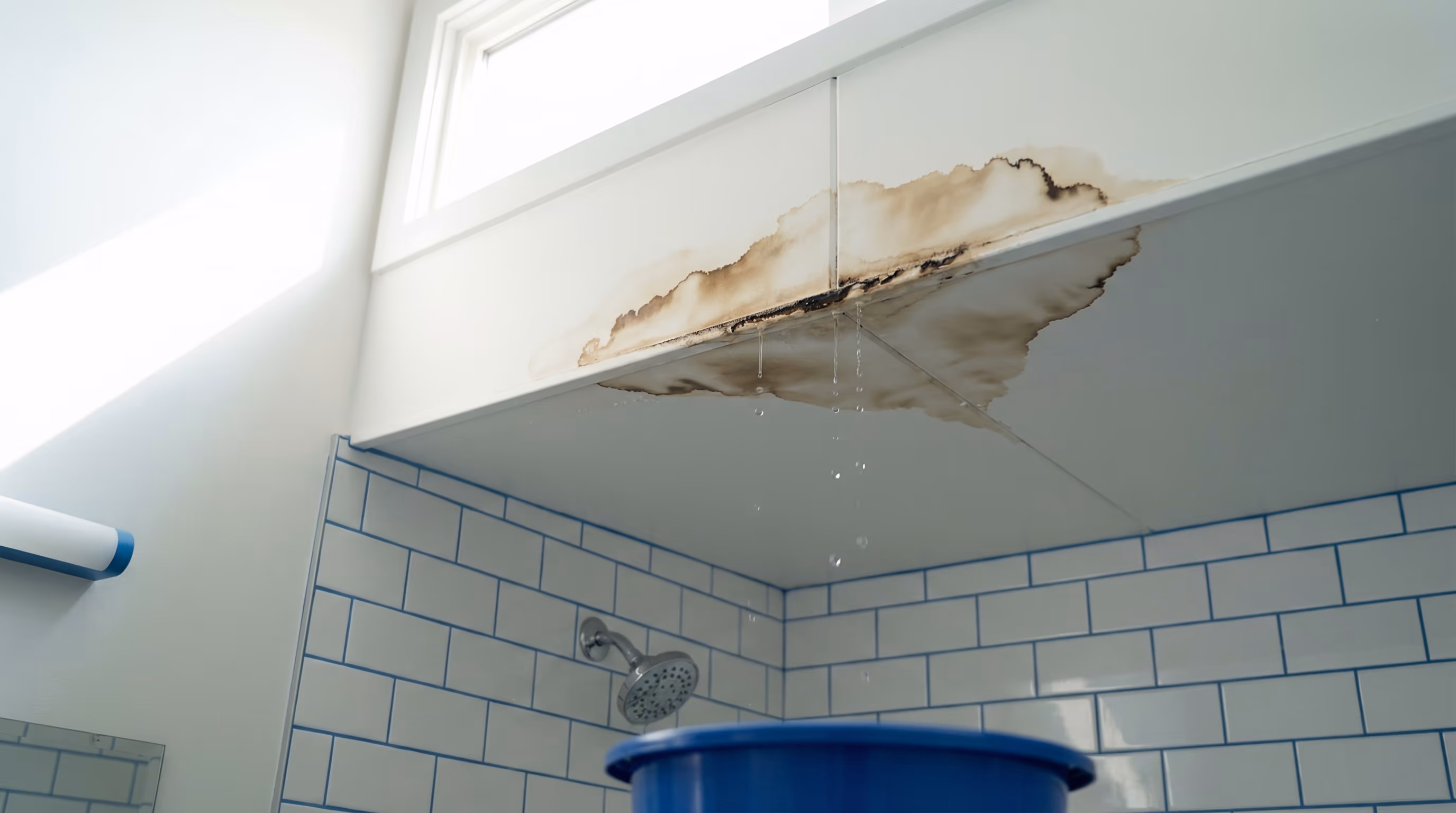 Teto de banheiro com manchas de umidade e goteira