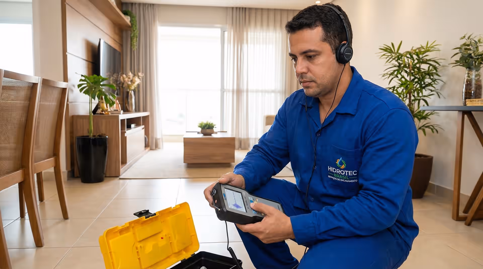 Técnico do Rei Caça Vazamentos usando geofone para detectar vazamento em Paraná