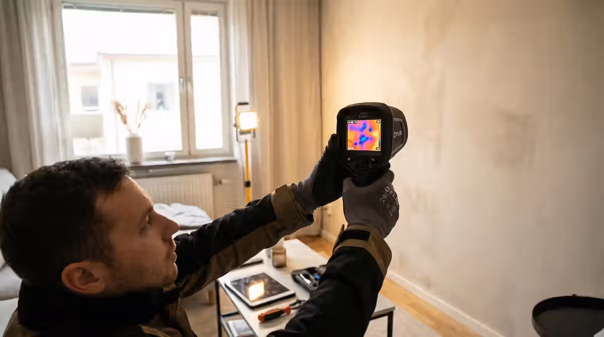 Câmera termográfica detectando infiltração