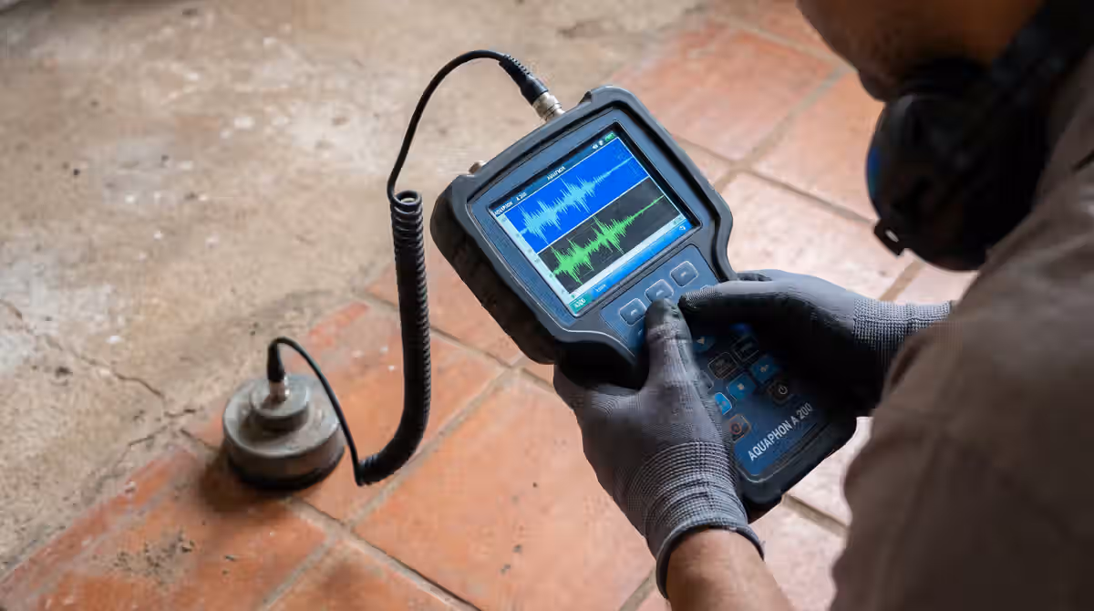 Técnico utilizando geofone para detecção de vazamento no Bento Gonçalves