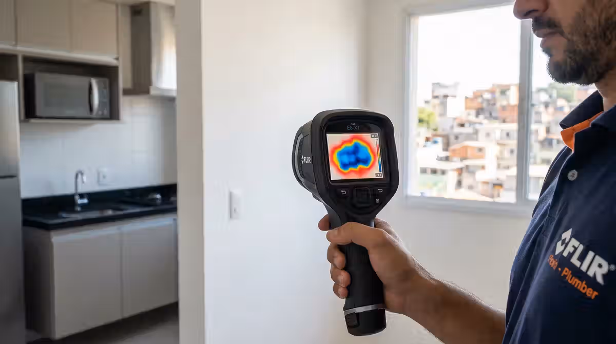 Câmera termográfica detectando vazamento em parede no Bento Gonçalves