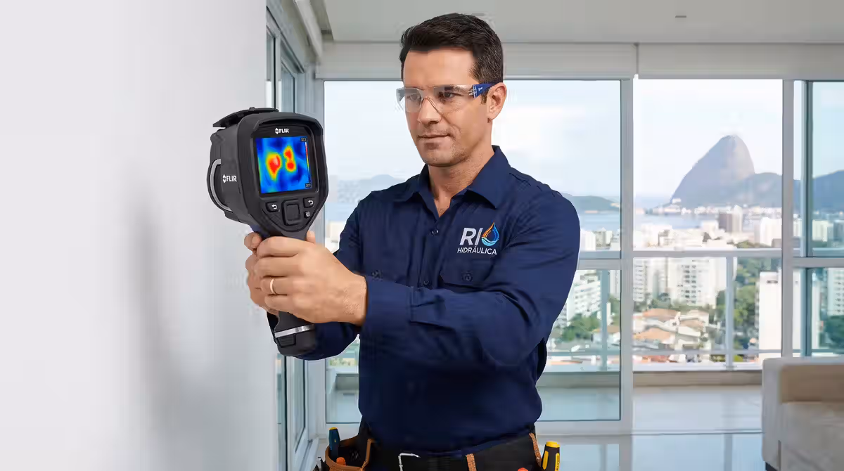 Técnico especializado em caça vazamento no Rio de Janeiro utilizando câmera termográfica FLIR para detecção de vazamentos