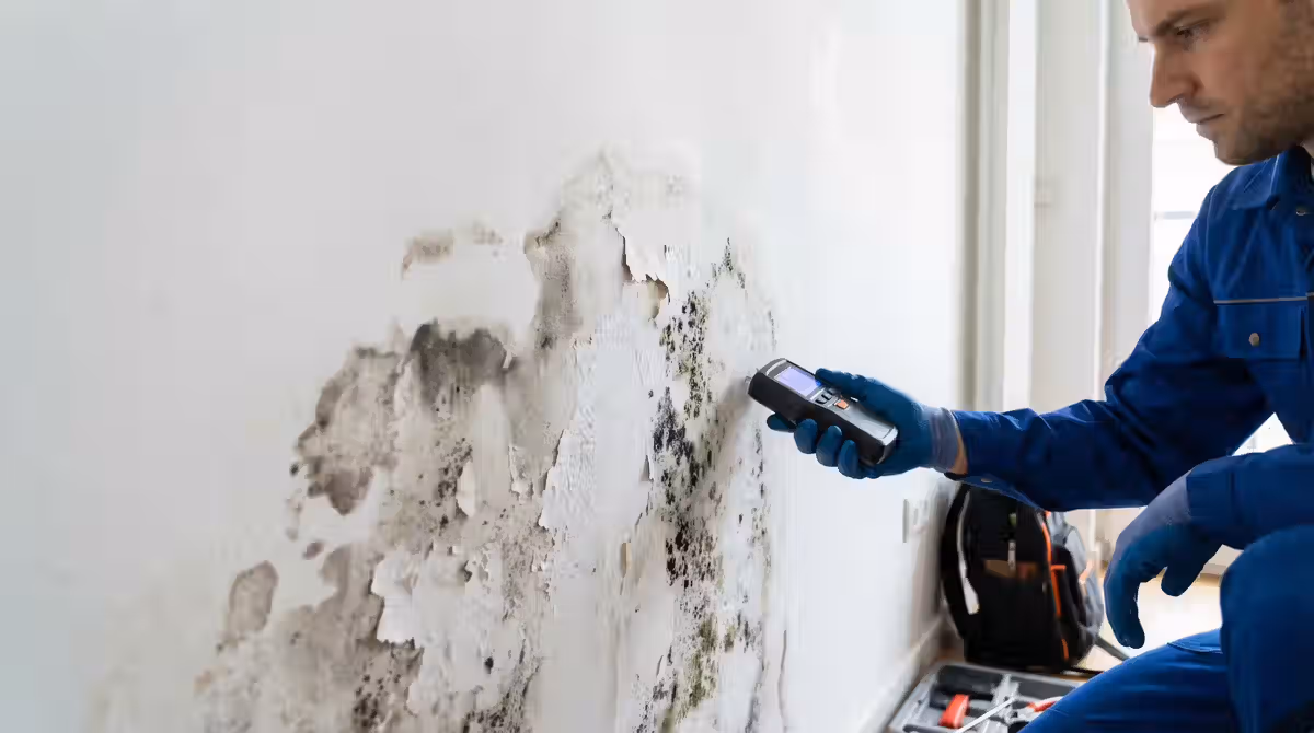 Técnico identificando infiltração e umidade em parede com detector profissional
