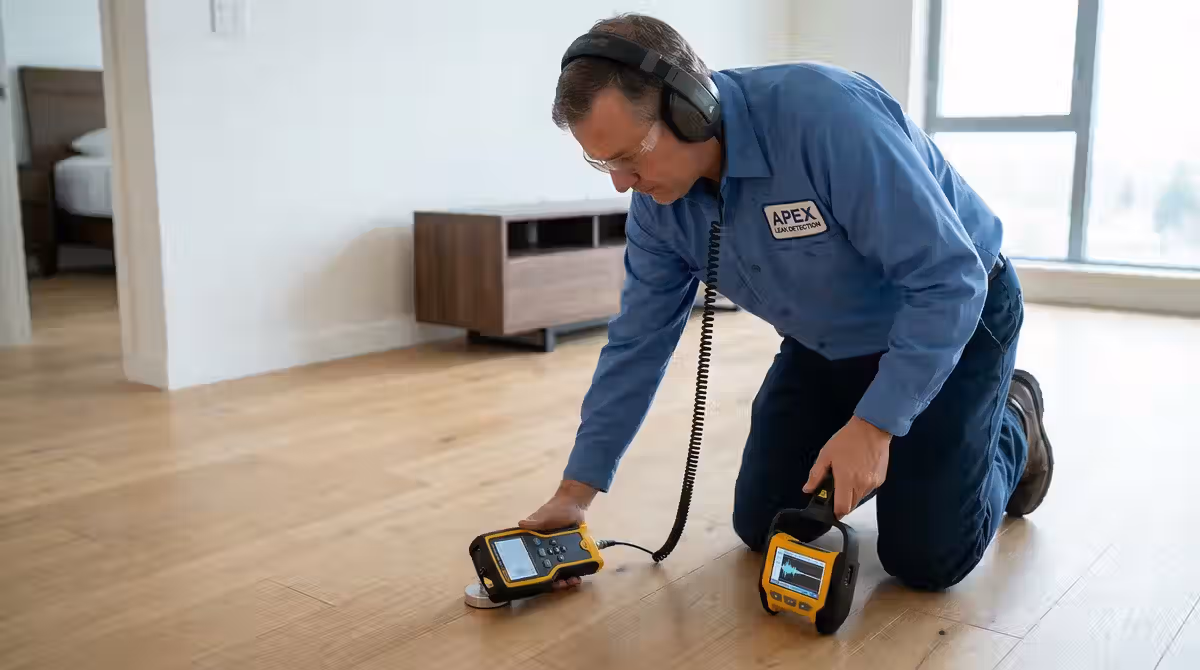 Técnico usando geofone em apartamento